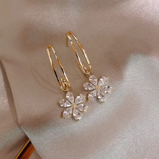 Crystal Flower Open Hoop Earrings