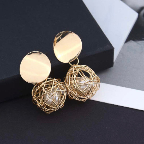 Caged Pearl Disc Dangle Earrings