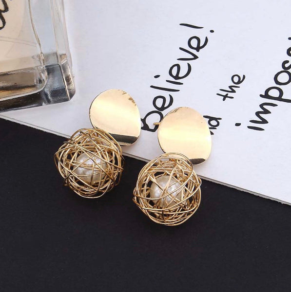 Caged Pearl Disc Dangle Earrings