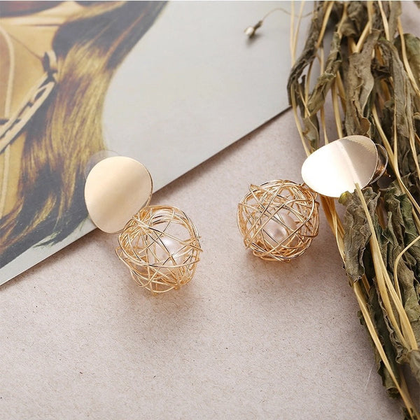 Caged Pearl Disc Dangle Earrings