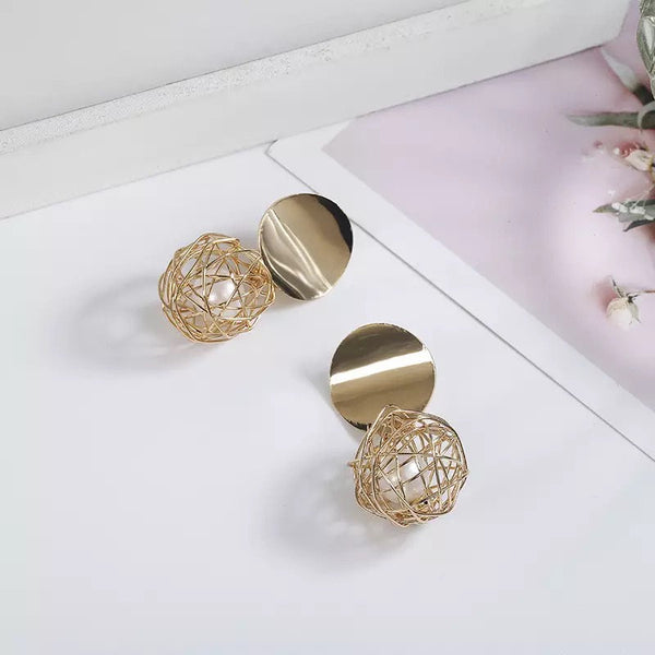 Caged Pearl Disc Dangle Earrings