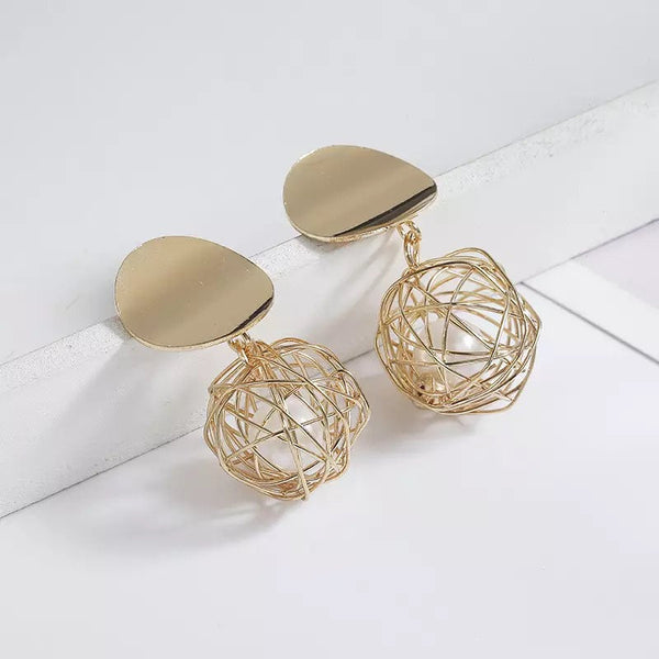 Caged Pearl Disc Dangle Earrings