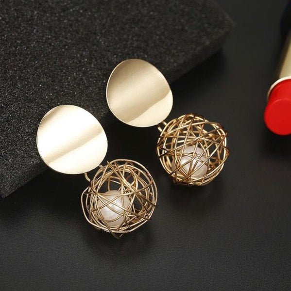 Caged Pearl Disc Dangle Earrings