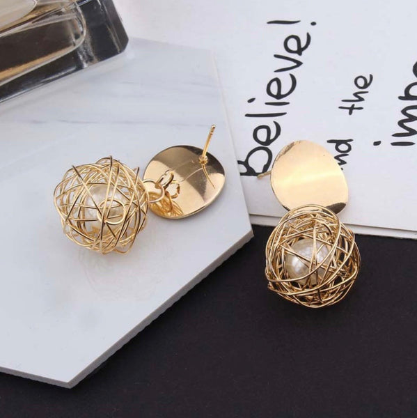 Caged Pearl Disc Dangle Earrings