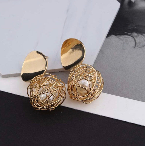 Caged Pearl Disc Dangle Earrings