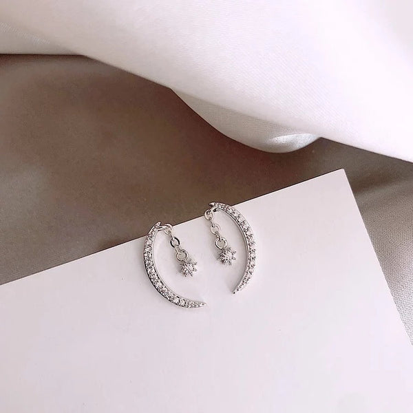 Crescent Moon Dangle Star Crystal Earrings