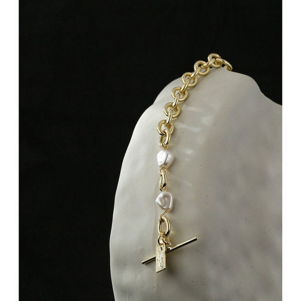 Irregular Pearls Link Chain Toggle Clasp Bracelet