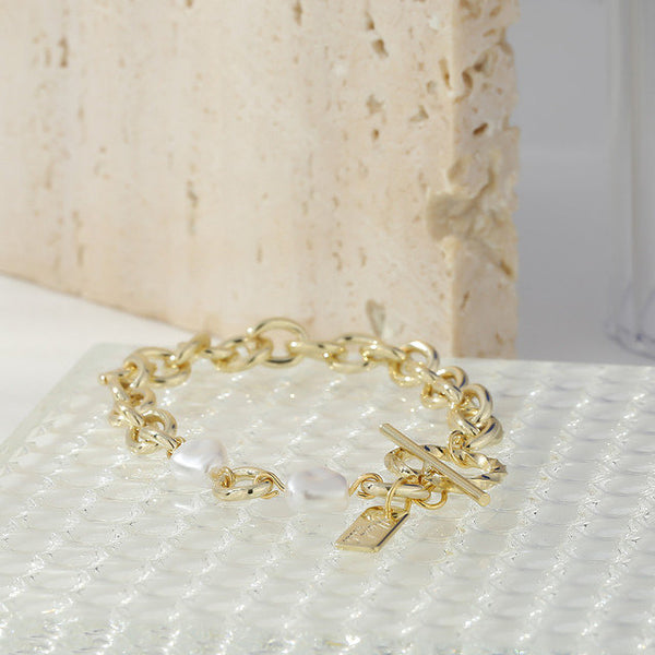 Irregular Pearls Link Chain Toggle Clasp Bracelet