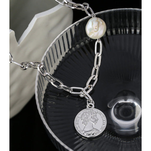 Coin Pendant Pearl Link Chain Necklace