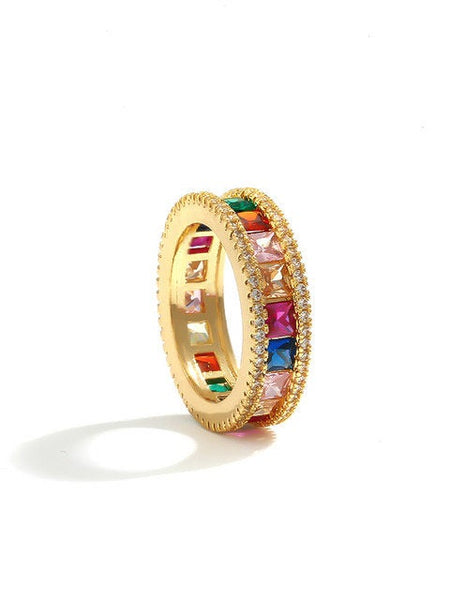 Colorful Rainbow Crystals Paved Eternity Ring