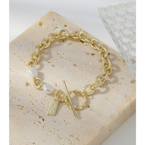 Irregular Pearls Link Chain Toggle Clasp Bracelet