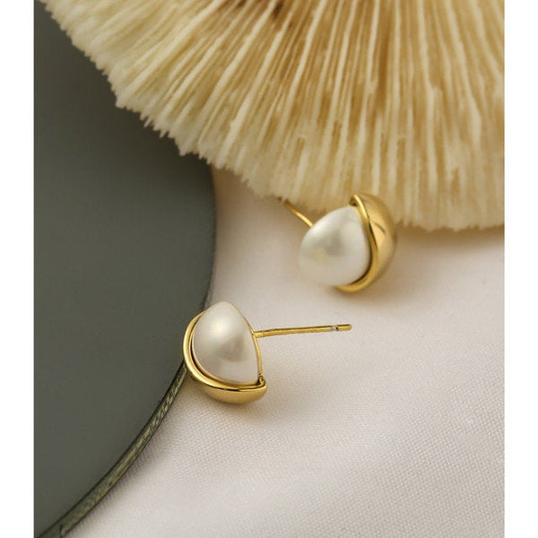 Gold Dipper Pearl Stud Earrings
