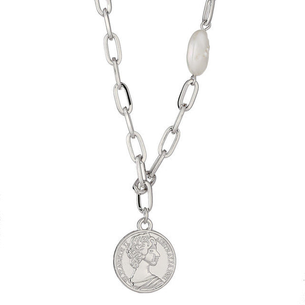 Coin Pendant Pearl Link Chain Necklace