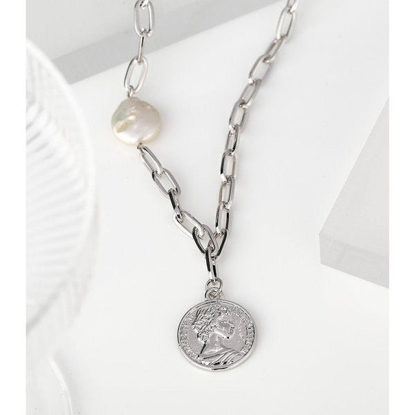Coin Pendant Pearl Link Chain Necklace