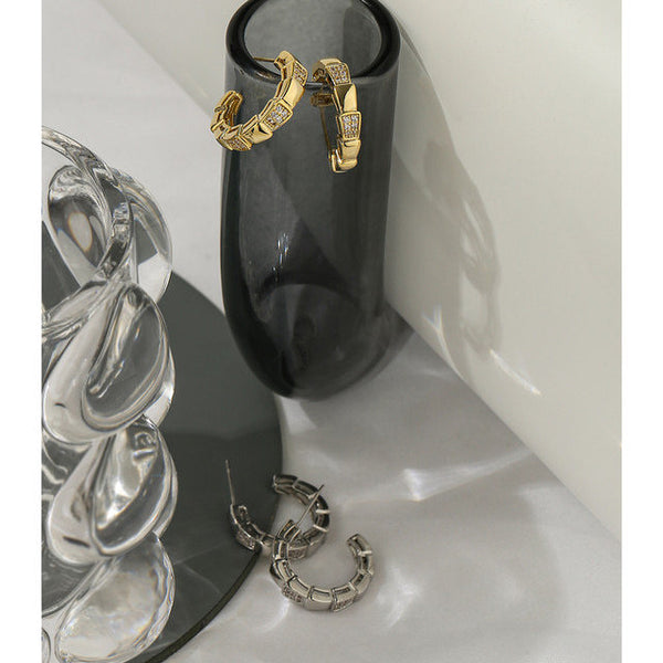 Crystal Ribbed Open Hoop Snake Earrings