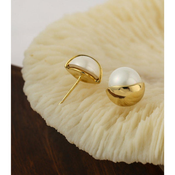 Gold Dipper Pearl Stud Earrings