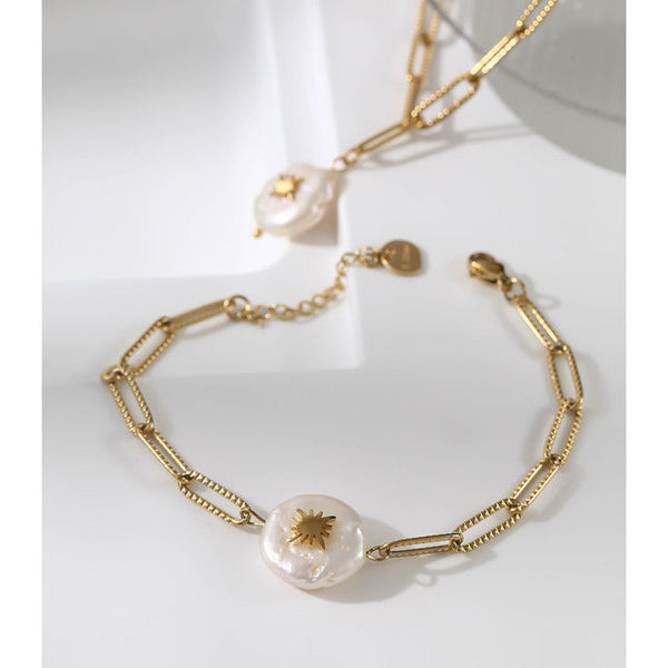 Pearl North Star Paperclip Chain Necklace and Bracelet Set