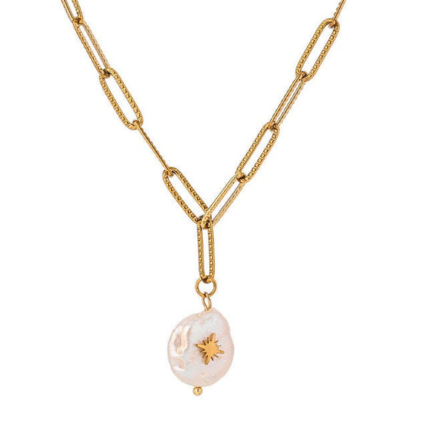 Pearl North Star Paperclip Chain Necklace and Bracelet Set
