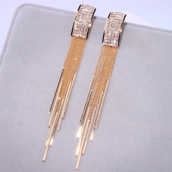 Crystal Rectangle Tassel Earrings