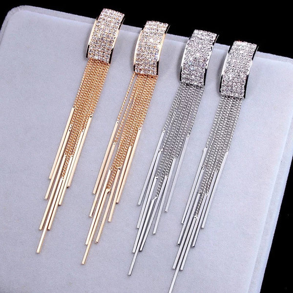 Crystal Rectangle Tassel Earrings