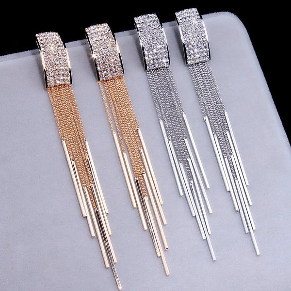 Crystal Rectangle Tassel Earrings