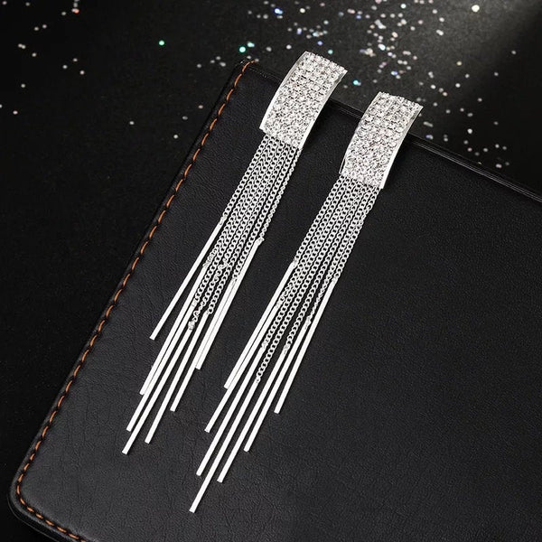 Crystal Rectangle Tassel Earrings