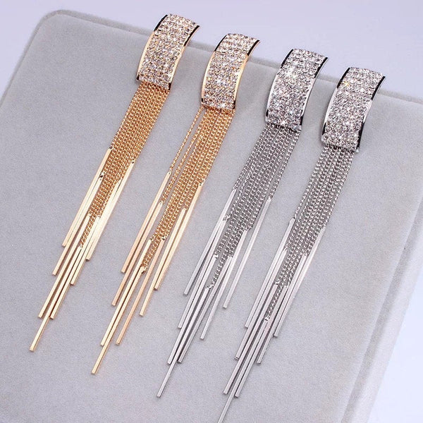 Crystal Rectangle Tassel Earrings