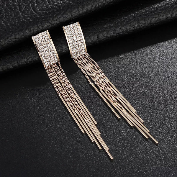Crystal Rectangle Tassel Earrings
