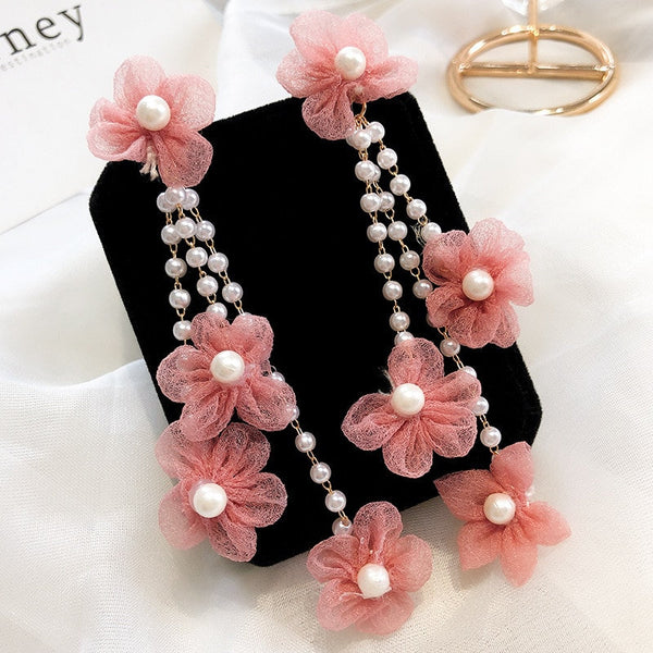 Satin Flowers Pearl Earrings