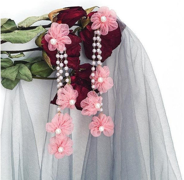 Satin Flowers Pearl Earrings