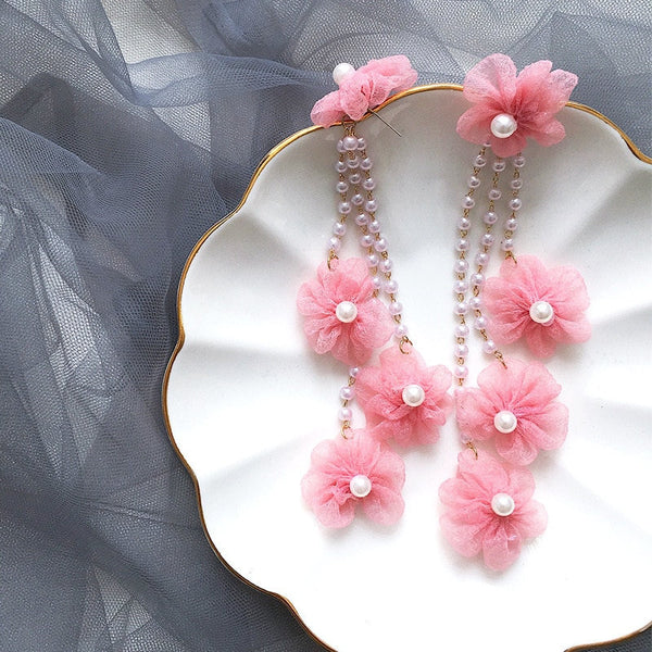 Satin Flowers Pearl Earrings