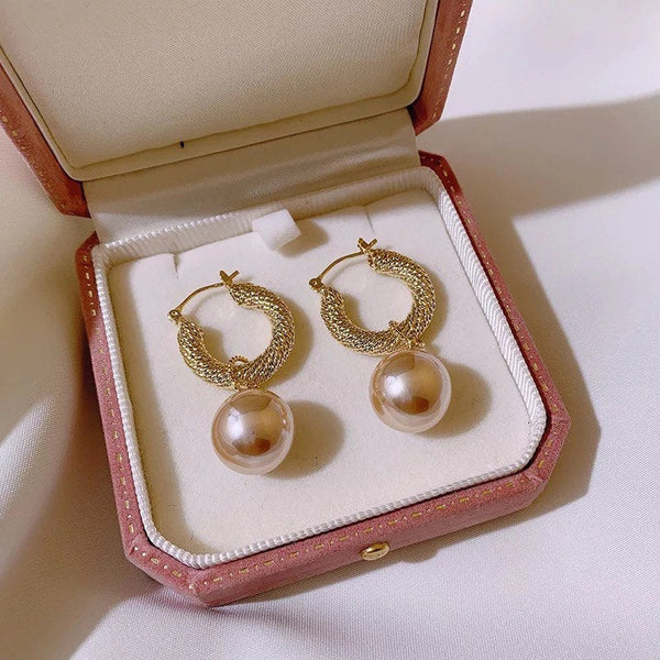 Twisted Hoop Pearl Charm Earrings