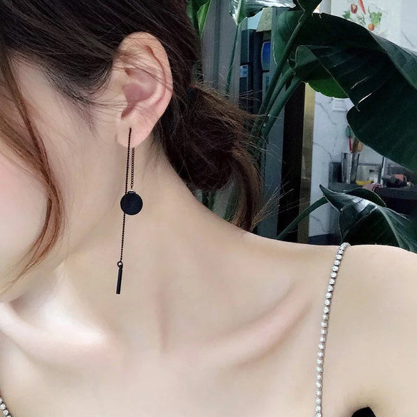 Long Tassel Black Ball Dangle Threader Earrings