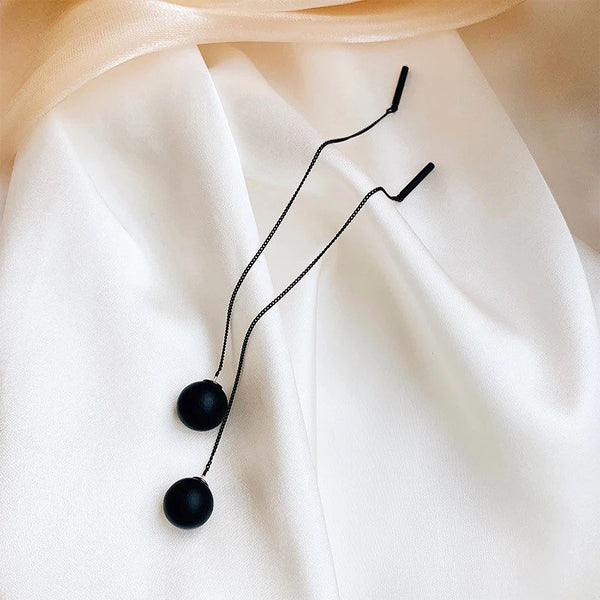 Long Tassel Black Ball Dangle Threader Earrings