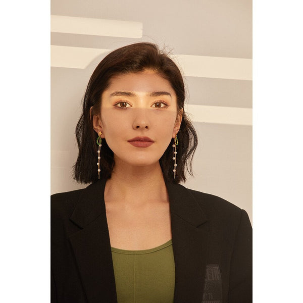 Green Teardrop Pearl Tassel Earrings
