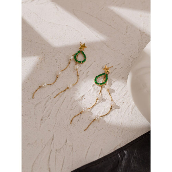 Green Teardrop Pearl Tassel Earrings
