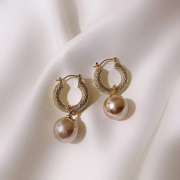 Twisted Hoop Pearl Charm Earrings