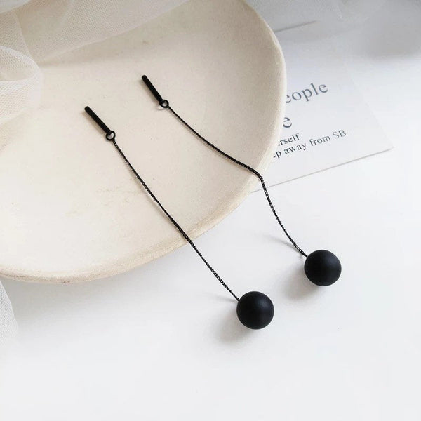 Long Tassel Black Ball Dangle Threader Earrings