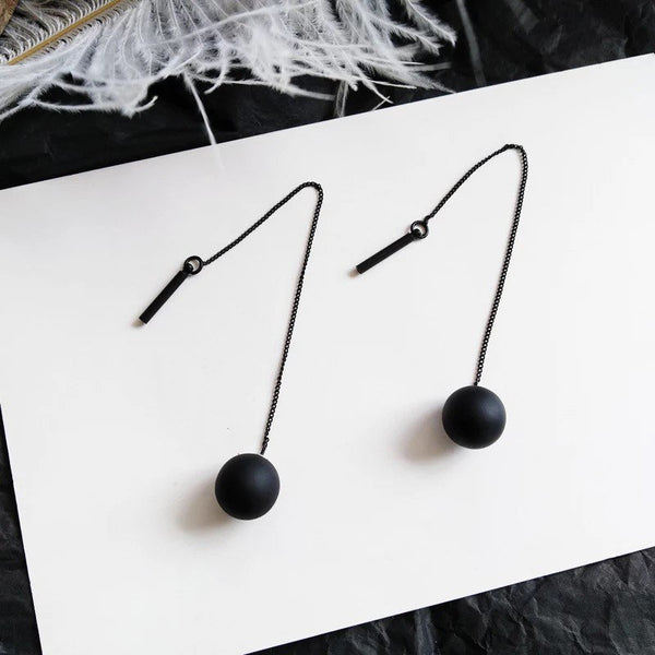 Long Tassel Black Ball Dangle Threader Earrings