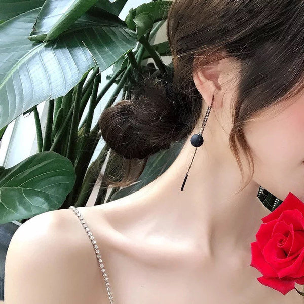 Long Tassel Black Ball Dangle Threader Earrings