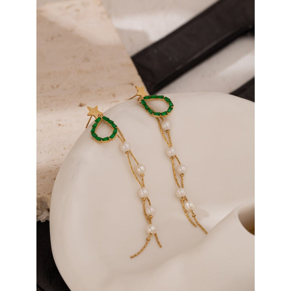 Green Teardrop Pearl Tassel Earrings