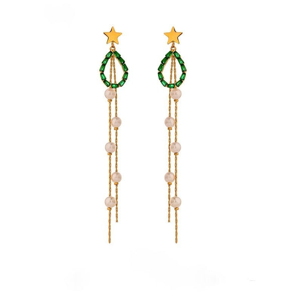 Green Teardrop Pearl Tassel Earrings