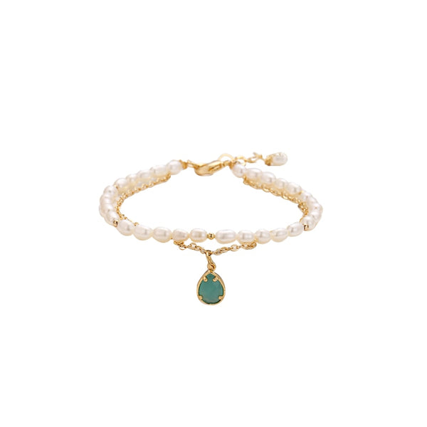 Gold Pearl Bracelet with Jade Teardrop Gemstone