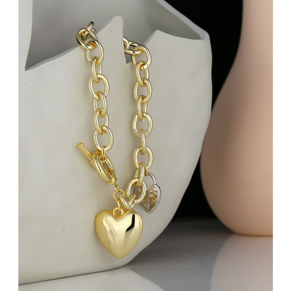 Gold Heart Lovelock Chunky Toggle Clasp Link Bracelet