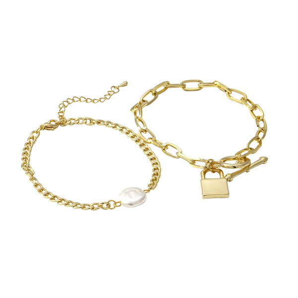 Pearl Pebble and Toggle Clasp Padlock Double Link Chain Bracelet