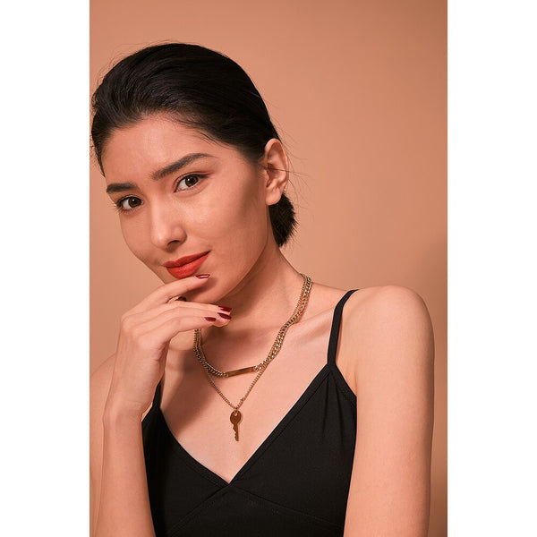 Key and Horizontal Bar Layered Chain Necklace