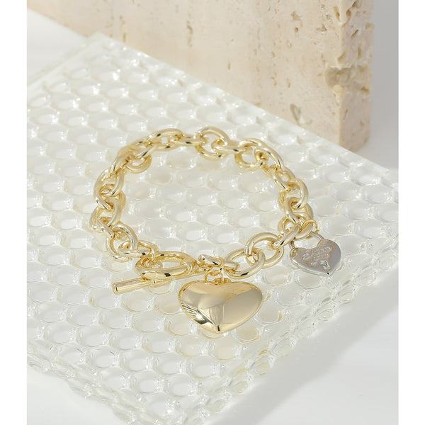 Gold Heart Lovelock Chunky Toggle Clasp Link Bracelet