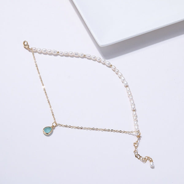 Gold Pearl Bracelet with Jade Teardrop Gemstone