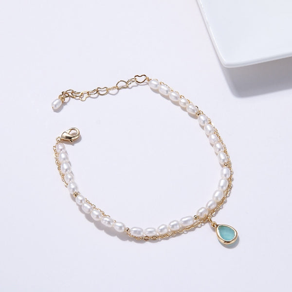 Gold Pearl Bracelet with Jade Teardrop Gemstone