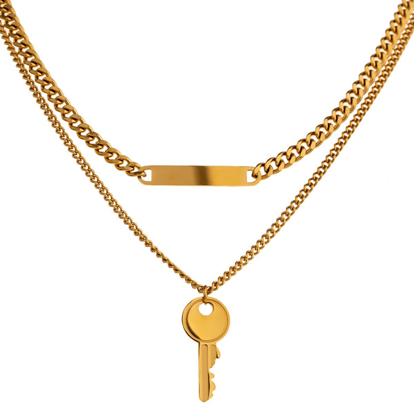 Key and Horizontal Bar Layered Chain Necklace